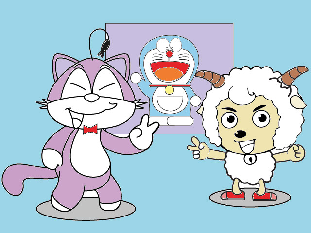hoa-si-nhi/xem-tranh/187082/Meo-Meo-va-Cuu-chup-anh-voi-poster-Doraemon.html