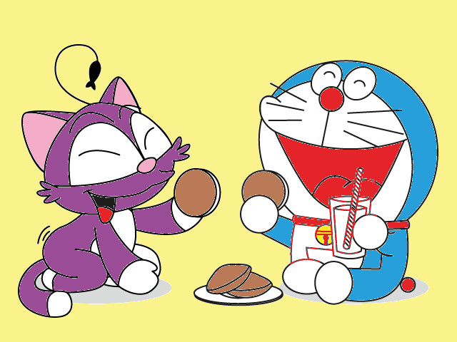 hoa-si-nhi/xem-tranh/90492/Doraemon-an-banh-ran-cung-Meo-meo.html